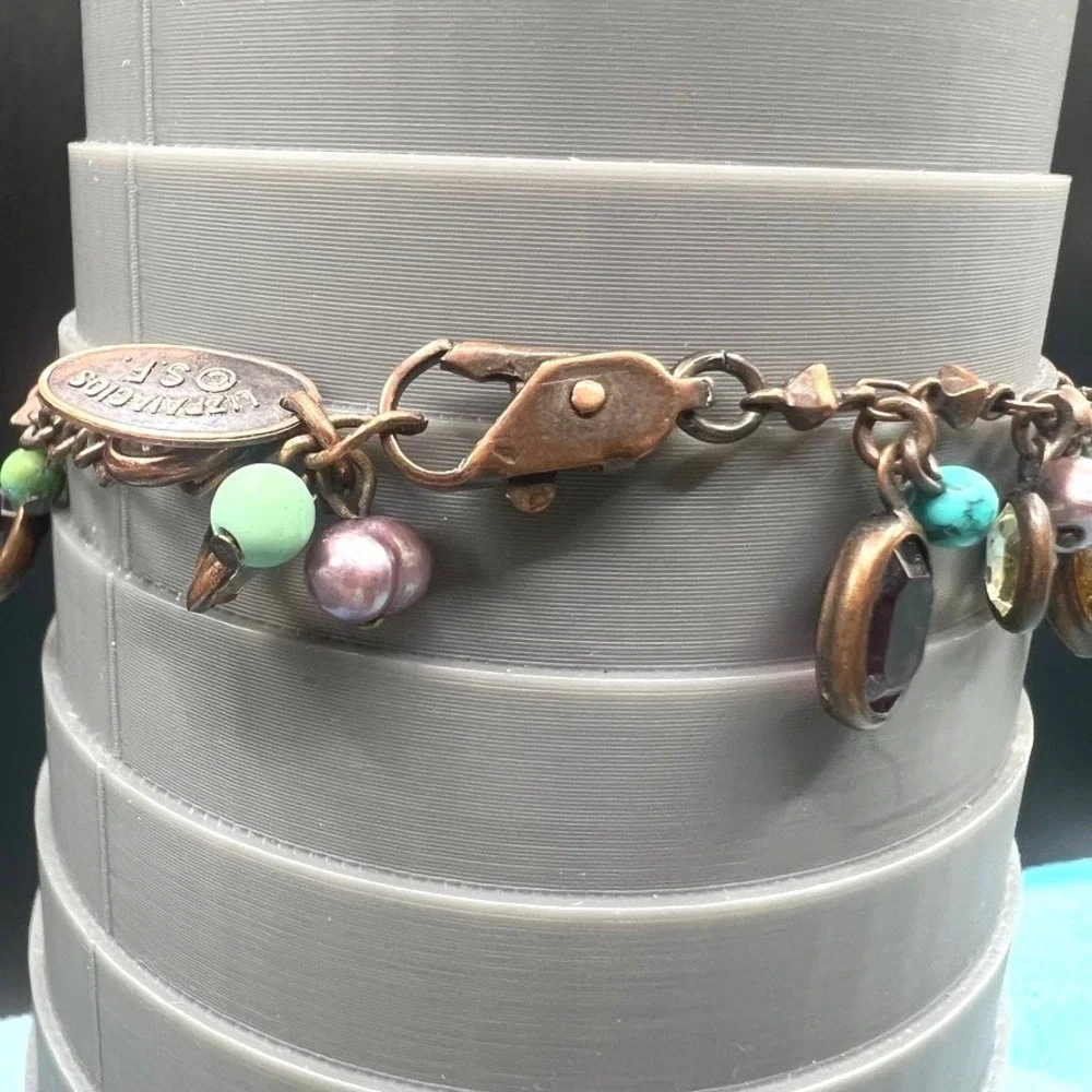 Liz Palacios SF Charm Bracelet Brass Bezel Set Crystals Multi Colored 7.5 READ